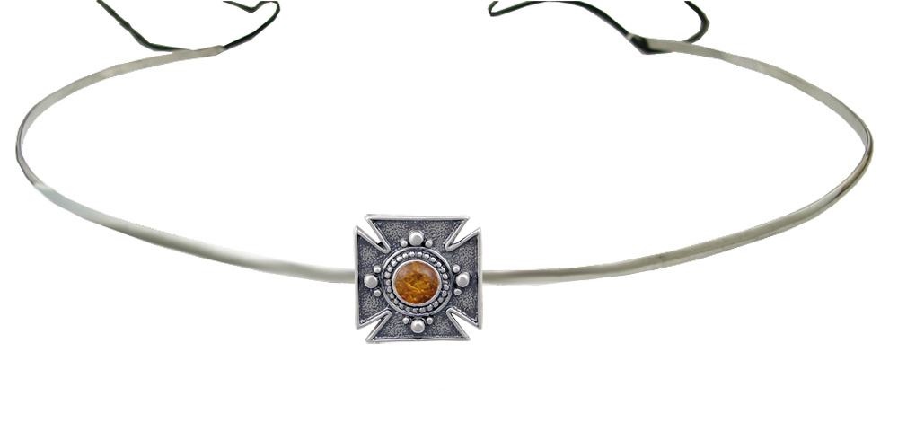 Sterling Silver Renaissance Style Medieval Cross Headpiece Circlet Tiara With Amber